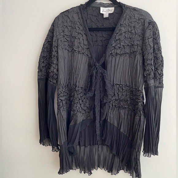 JOSEPH RIBKOFF Sheer Bell Sleeve Tie Front Black Jacket Crinkle High Low Ruffle - Picture 3 of 17